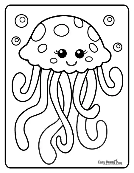 A cute jellyfish character with a rounded, polka-dot patterned head, a smiling face, and wavy, dangling tentacles.