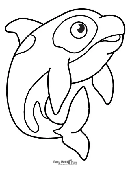 A simple illustration of a happy orca whale swimming upward, with  a friendly, gentle expression.