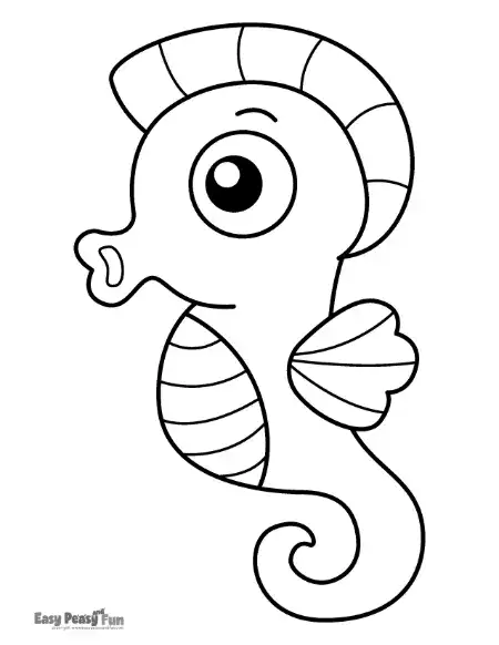 A cute seahorse with a curled tail, a small fin, and simple decorative lines on its belly, designed with thick outlines.