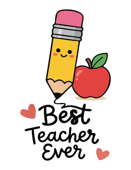 Printable "Best Teacher Ever" appreciation card featuring a cartoon pencil and a red apple with heart accents.