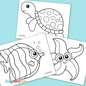 Three coloring pages displayed together, featuring a sea turtle with a spotted shell, a tropical fish with stripes, and a friendly, smiling starfish.