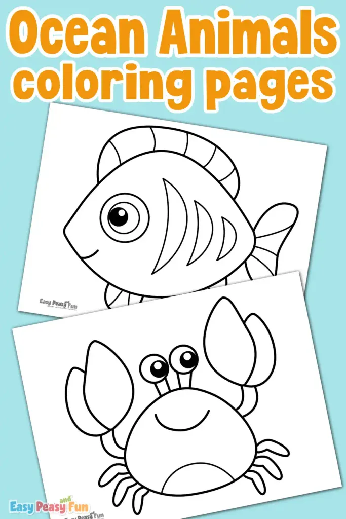 Ocean animals coloring pages showcasing two coloring pages: a striped fish and a happy crab with large claws.