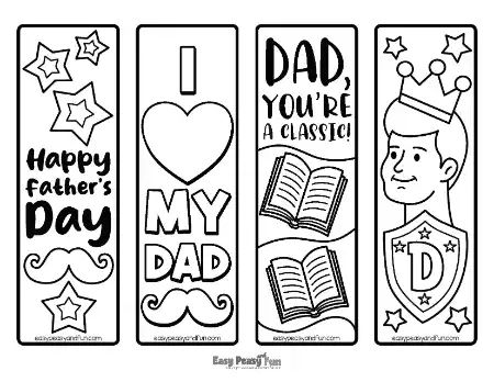 Four black and white Father's Day bookmarks to color.