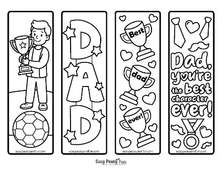 Four black and white Father's Day bookmarks to color featuring a soccer dad , bold DAD lettering with stars, three trophies, and ties with medal.