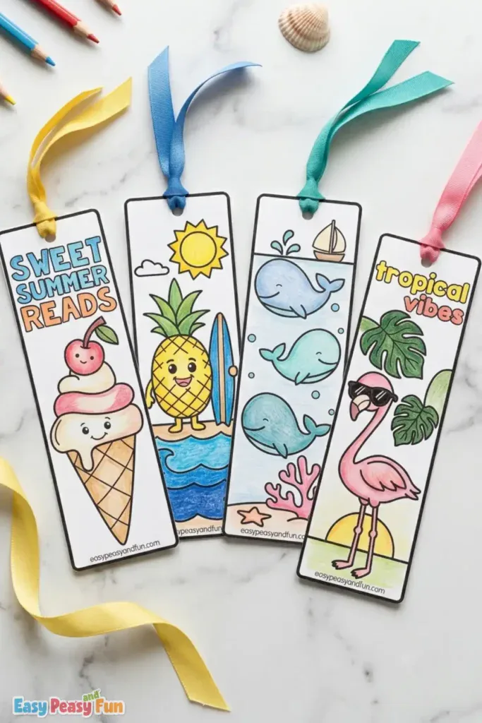 Cute summer bookmarks for kids featuring and ice creams, a pineapple with a surf, whales, and a flamingo scene.