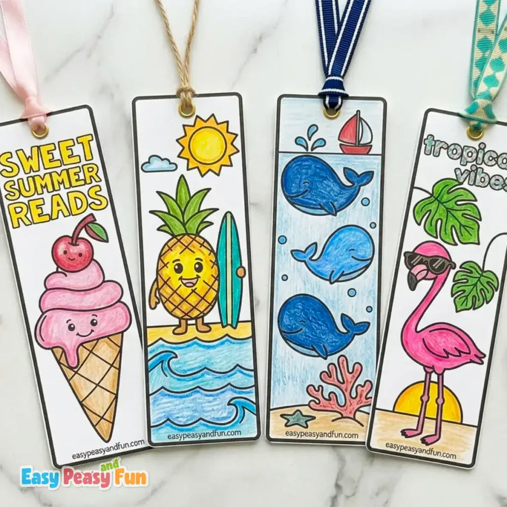 Summer bookmarks featuring summer scenes with ice cream and animals.