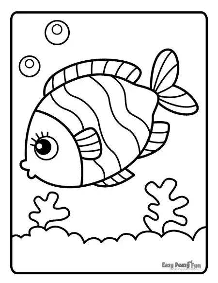A friendly fish coloring page with striped patterns swimming above a patch of coral and seaweed at the bottom of the ocean.
