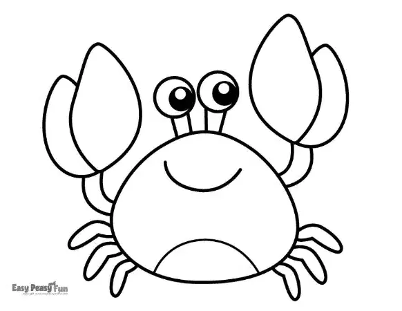 A cute crab with large, round eyes, two big claws, and six small legs, drawn with bold lines for easy coloring.