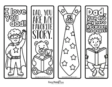Four printable Father's Day bookmarks to color featuring a superhero kid, bear and cub reading, a starry #1 Dad tie, and a bookworm kid.