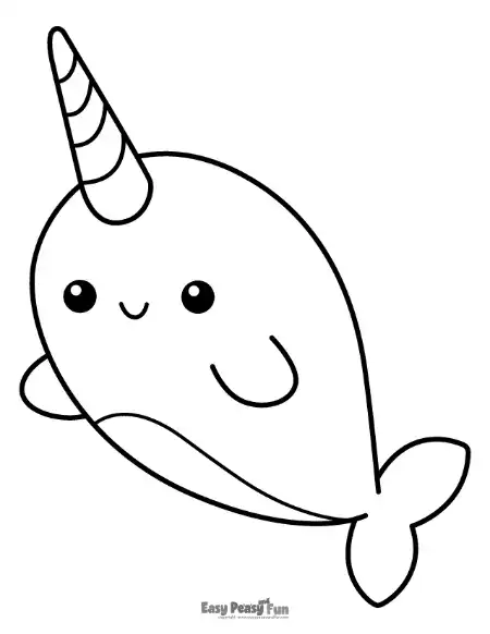 A happy narwhal with a prominent spiral tusk on its head, smiling face, and simple fins, perfect for the youngest kids.