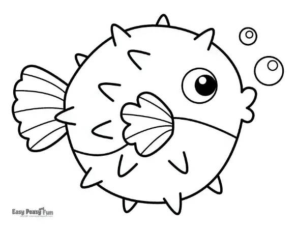 A big, round pufferfish with small spikes along its body and a simple tail, looking upward at small bubbles.