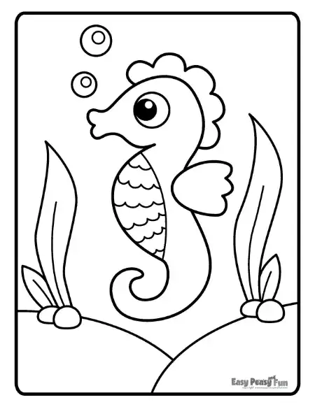 A seahorse swimming between two tall blades of seaweed, with bubbles floating above in this simple, clean illustration.