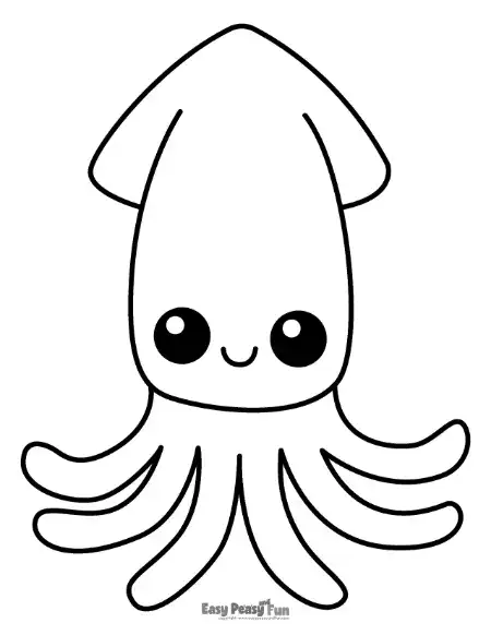 A friendly, minimalist vector drawing of a cute squid with big eyes, a happy smile, and wavy tentacles.