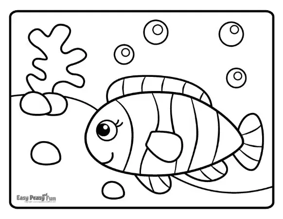 A simple fish with clean, horizontal stripes and large, expressive eyes, swimming near a small  coral and bubbles.