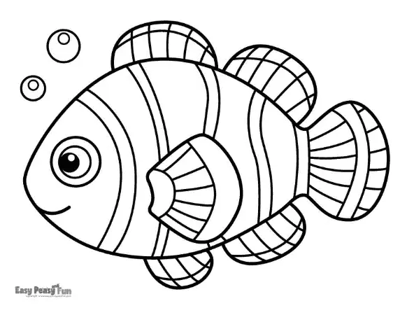 A cheerful tropical fish with clear, broad stripes and a fan-shaped tail, perfect for young children to color easily.