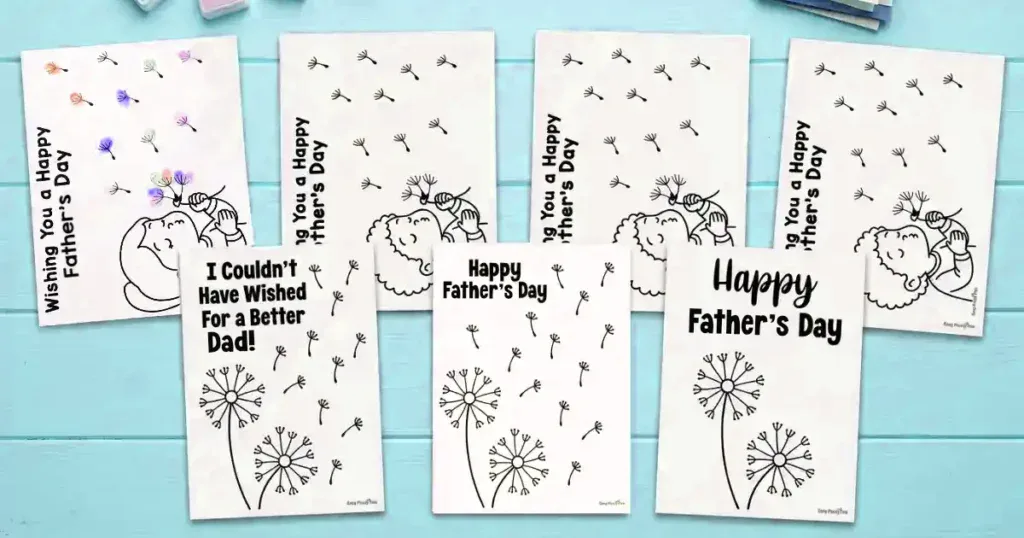 A collection of seven different printable Father's Day craft designs, featuring layouts with children blowing dandelions and dandelion flower art, all with Father's Day-themed messages.