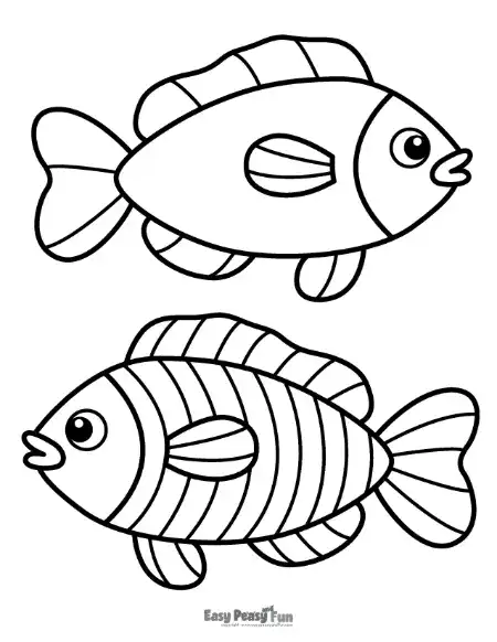 Two different fish swimming together, one with horizontal stripes and one with a solid, simple body shape, both with friendly eyes.