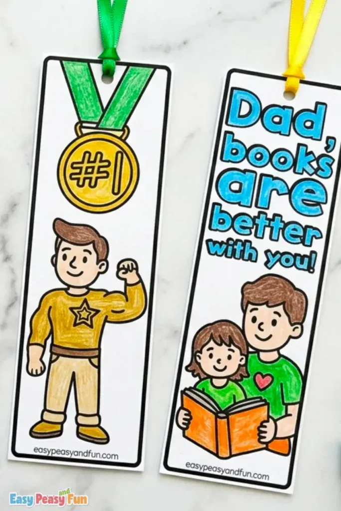 Two colored Father's Day bookmarks — a flexing dad with a #1 gold medal and a dad and child reading together with caption "Dad Books Are Better With You".