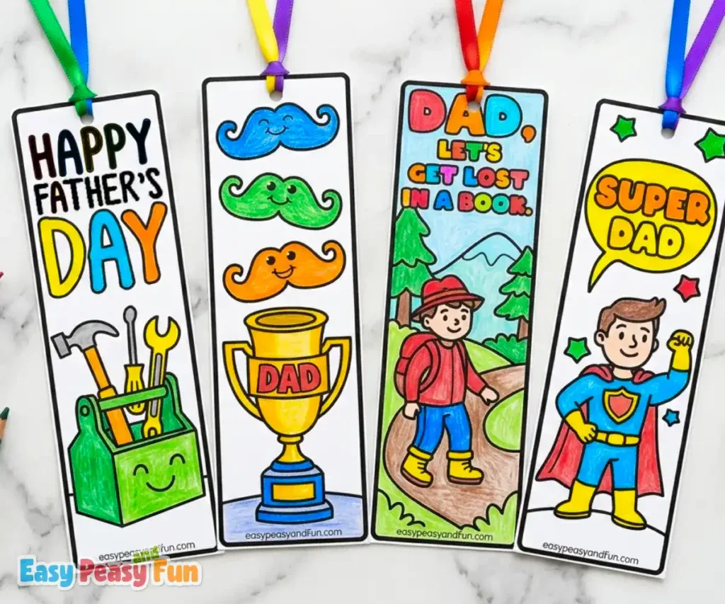 Four colored Father's Day bookmarks with ribbons featuring a Happy Father's Day toolbox, three smiley mustaches with DAD trophy, a hiking dad "Let's Get Lost In A Book", and a caped Super Dad.