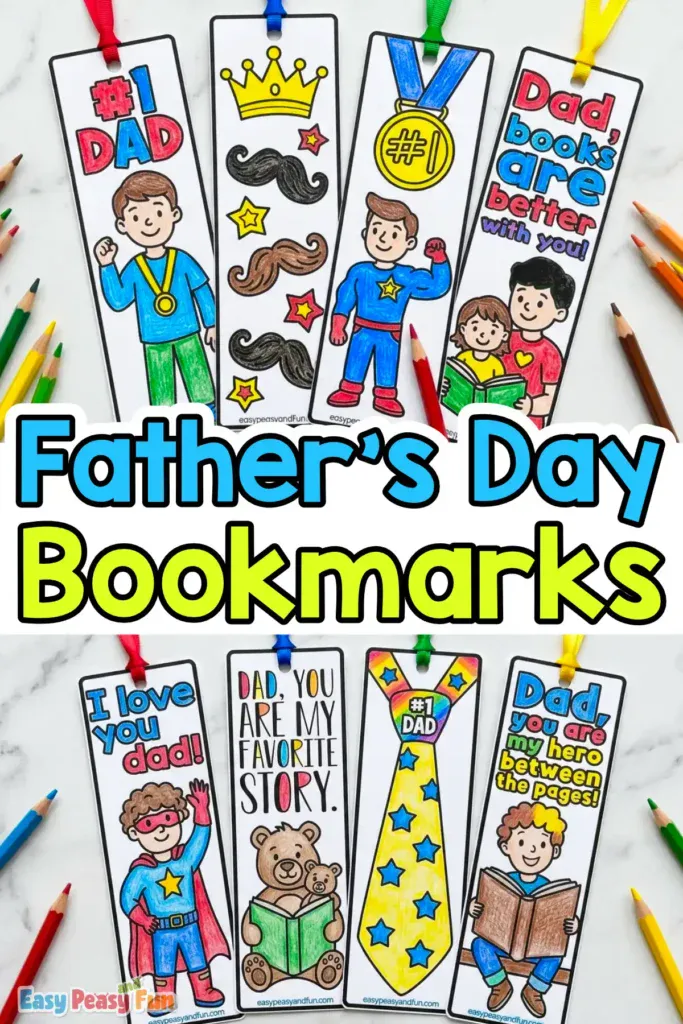 Eight colored Father's Day bookmarks for kids featuring medals, mustaches, superheroes, bears reading, a #1 Dad tie, and sweet dad captions.