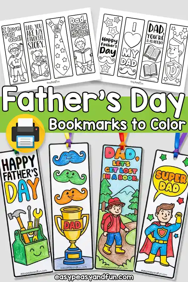 Father's Day bookmarks to color printable set showing black and white coloring pages and four colored bookmark examples with ribbons including a toolbox, mustaches, hiking dad and Super Dad designs.