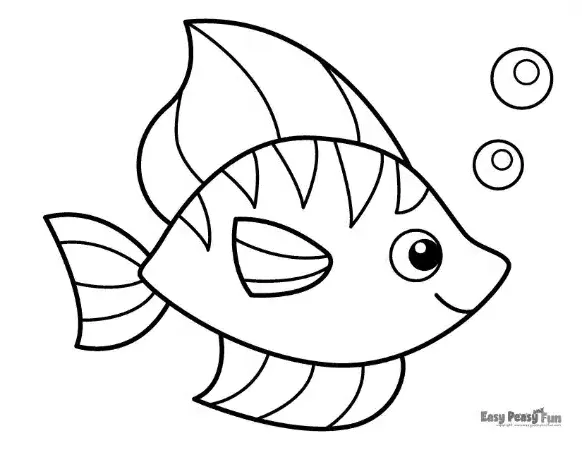 A bright, friendly fish swimming with a curved tail, three fins, and several bubbles floating nearby.