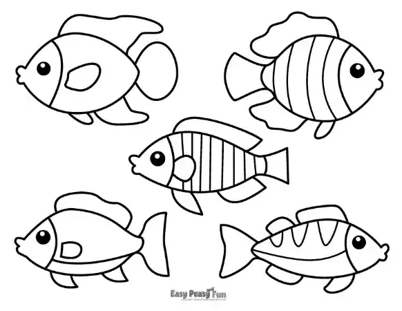 A collection of five different fish to color, each with a unique shape, size, and simple pattern, arranged on a single page.