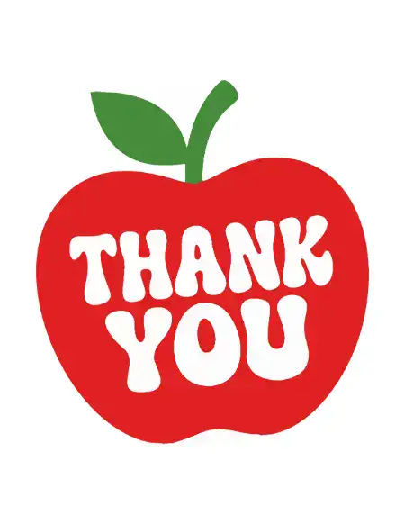Printable teacher appreciation card featuring a bright red apple with the words "THANK YOU" inside.