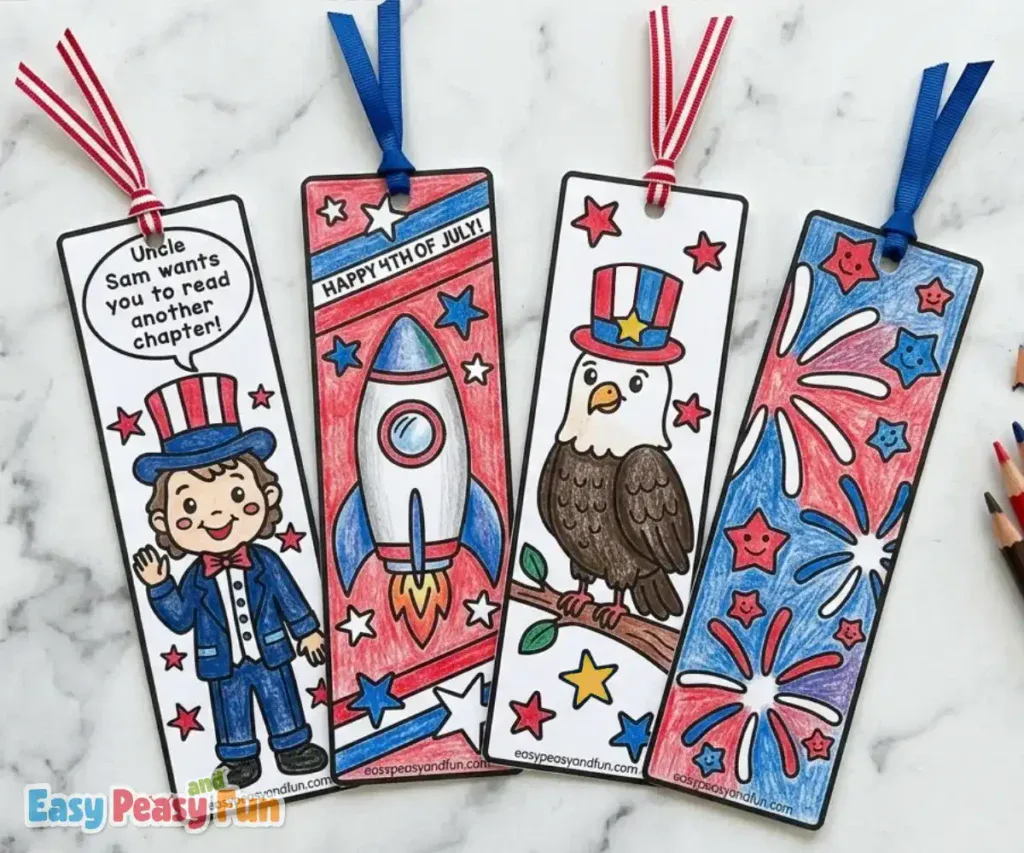Four hand-colored 4th of July bookmarks with ribbons attached, featuring a cartoon Uncle Sam, a soaring rocket ship, an eagle wearing a patriotic top hat, and a vibrant fireworks display.