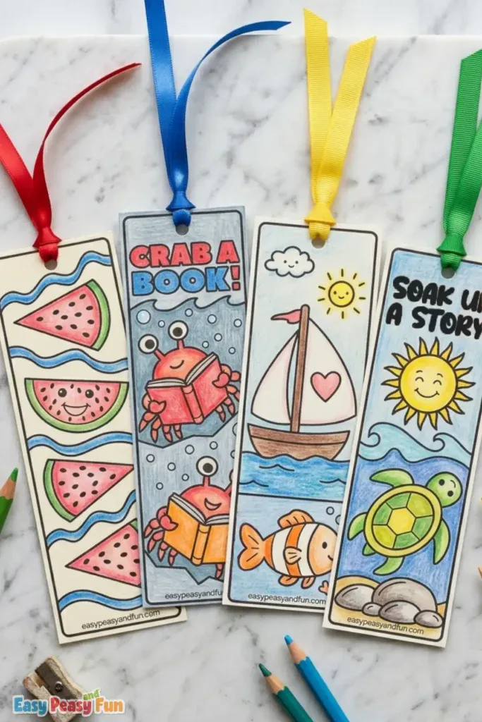 A collection of four summer bookmarks featuring watermelons, crabs, sailboart, fish, sun, and a turtle.