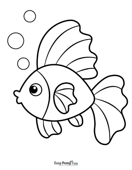 A cute, smiling fish with a large, rounded tail and a high pectoral fin, floating alongside three small, distinct bubbles.