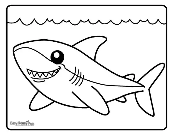 A happy, stylized shark swimming past a wavy, patterned background representing ocean water.