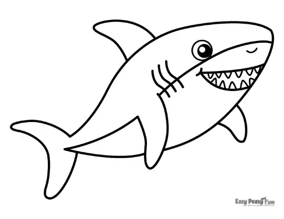 A cheerful shark with a wide, friendly smile full of teeth, swimming in an upward motion.