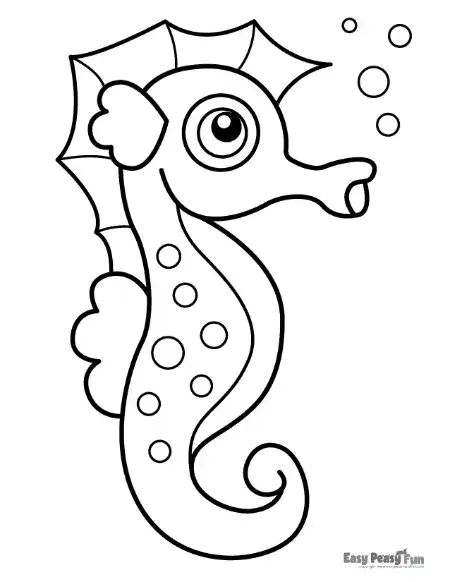 A friendly seahorse with a decorative fin and distinct circular spots along its body, designed for easy coloring.