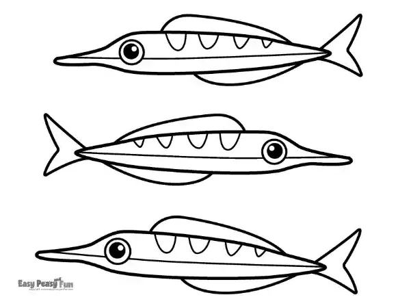 Three long, slender fish swimming in a row, each with simple patterns and friendly, clear eyes.