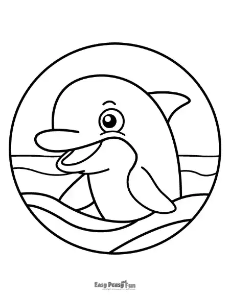A cute dolphin character to color, framed within a circular border, shown playing in the ocean waves.