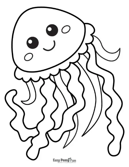 An adorable jellyfish with a rounded head, a sweet face, and long, wavy tentacles floating downward.