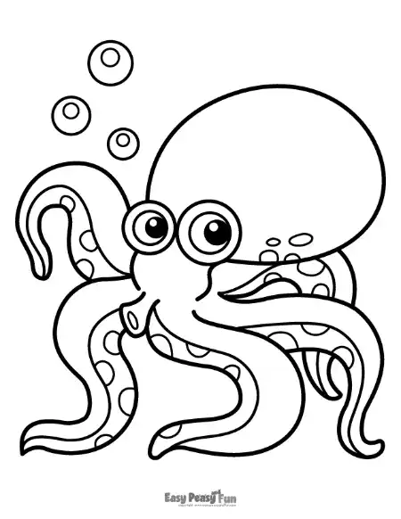 A friendly octopus with a rounded head, winding tentacles, and several floating bubbles, drawn with bold, clean lines.