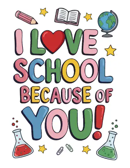 Printable teacher appreciation card with colorful text reading "I LOVE SCHOOL BECAUSE OF YOU!" surrounded by school-related icons like a globe, book, and science beakers.
