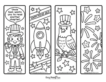 A printable coloring page with four patriotic bookmarks featuring Uncle Sam, a rocket ship, a perched owl wearing a hat, and fireworks.