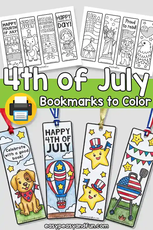 A display of printable, uncolored 4th of July bookmark templates alongside finished, hand-colored versions.