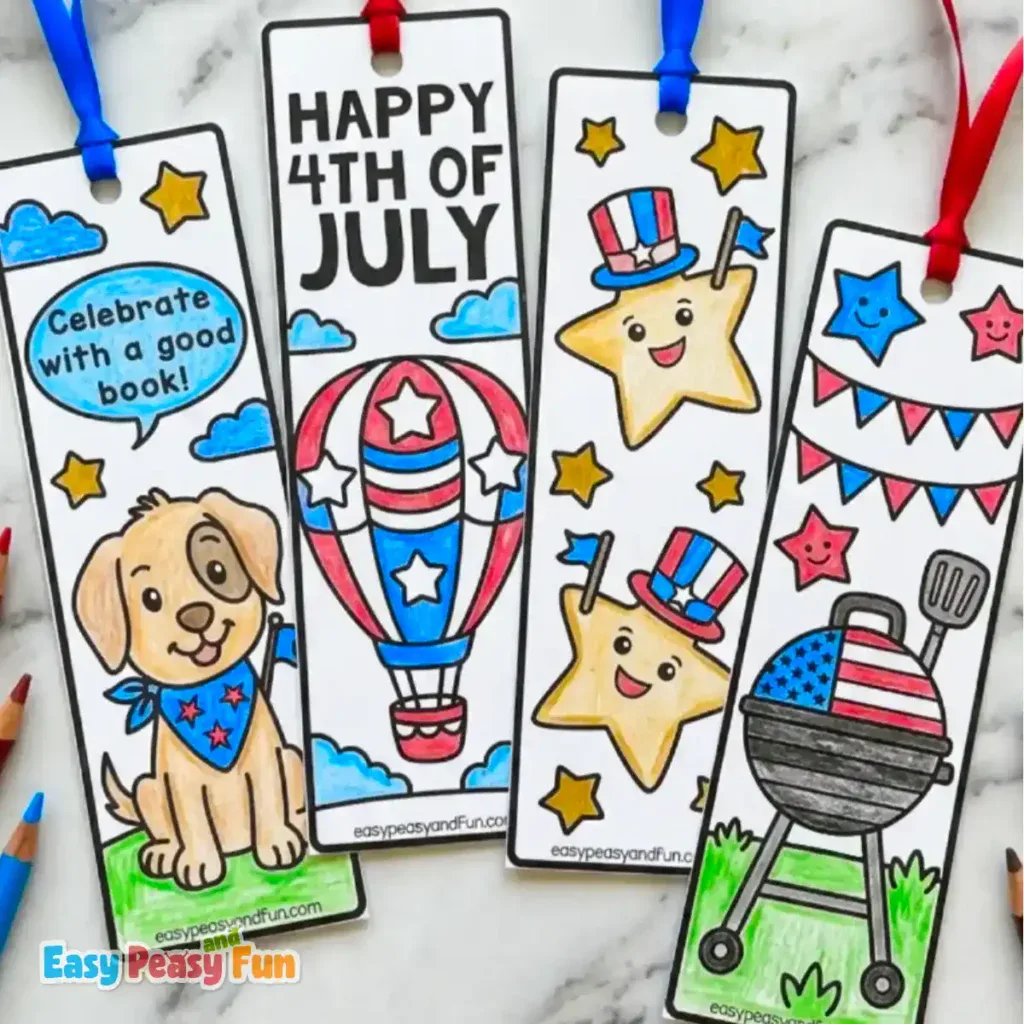 Four hand-colored 4th of July bookmarks with ribbons, featuring a puppy, a hot air balloon, stars in top hats, and a flag-themed grill.