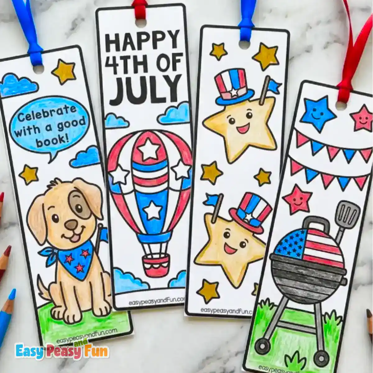 Four hand-colored 4th of July bookmarks with ribbons, featuring a puppy, a hot air balloon, stars in top hats, and a flag-themed grill.