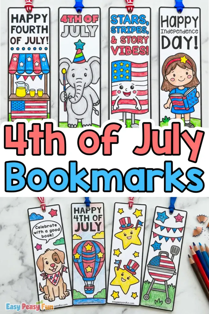A promotional image featuring two rows of hand-colored 4th of July bookmarks with a central banner that reads "4th of July Bookmarks."