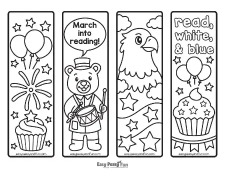Four uncolored Independence Day bookmarks featuring festive illustrations of a drumming bear, an eagle, celebratory cupcakes, balloons, and fireworks