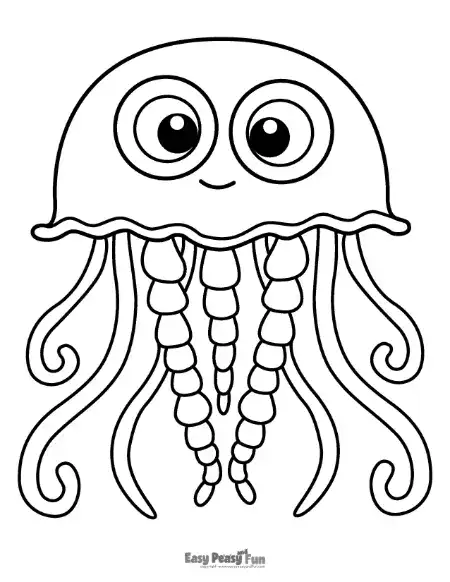 Big jellyfish coloring page with big eyes and tentacles.