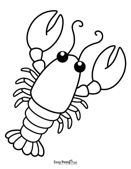 A cute lobster featuring large, expressive eyes, two prominent claws, and simple segments, designed for easy coloring.