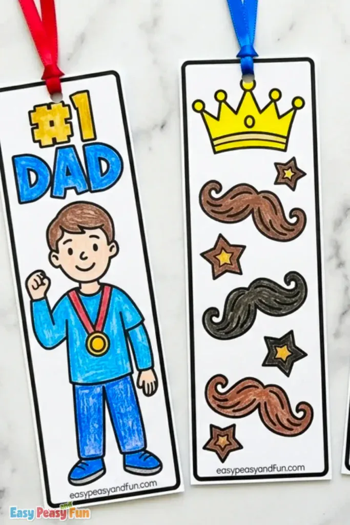 Two colored Father's Day bookmarks — a smiling #1 Dad with gold medal and a crown with three mustaches and stars design.