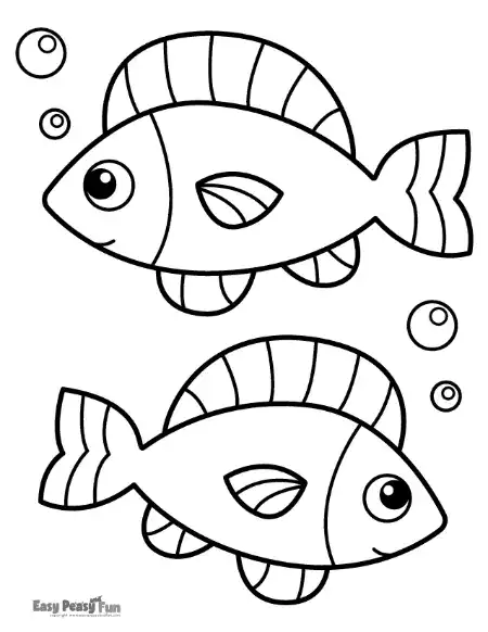 Two friendly fish swimming with bubbles, featuring bold outlines and simple, clean shapes for easy coloring.