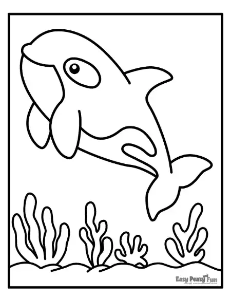 A friendly orca swimming near the ocean floor, surrounded by simple, seaweed-like coral shapes.
